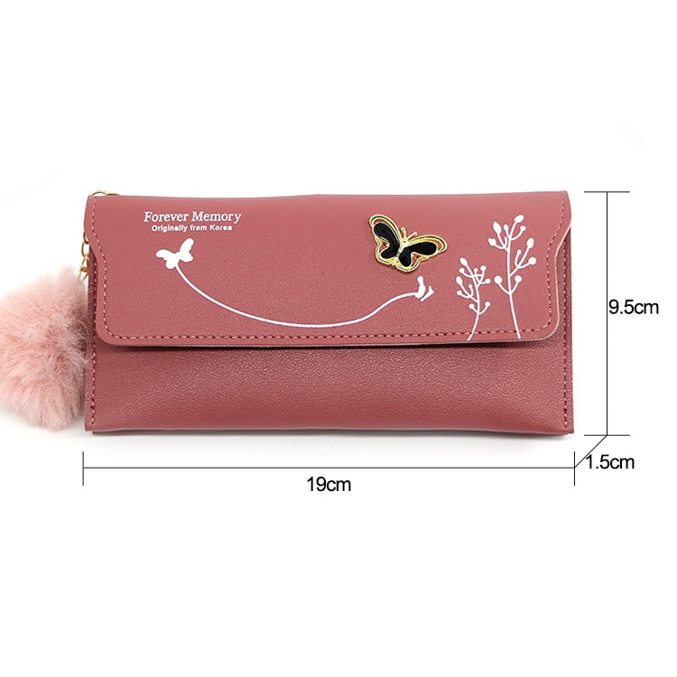 Fashionable New Women Long Wallets Pure Color Wool Ball Bow Clutch Bag Women's Long Bag Card Bag Coin Purse