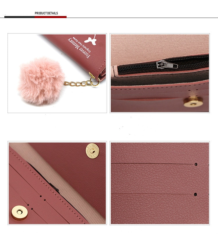 Fashionable New Women Long Wallets Pure Color Wool Ball Bow Clutch Bag Women's Long Bag Card Bag Coin Purse