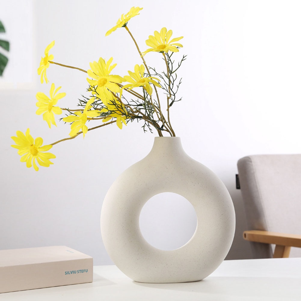 PGY Nordic Doughnut whtie yellow ceramic flower vase Circular Hollow Ceramic Vase Donuts Flower Pot Home Decoration Accessories