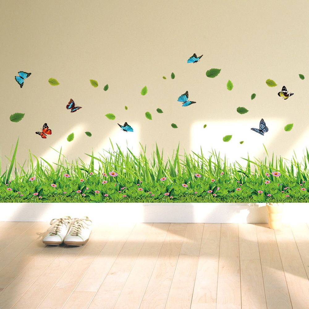 Green Grass Baseboard Spring Butterfly Flower Skirting Wall Stickers Waterproof Mural Decal DIY Kids Room Kitchen Home Decor