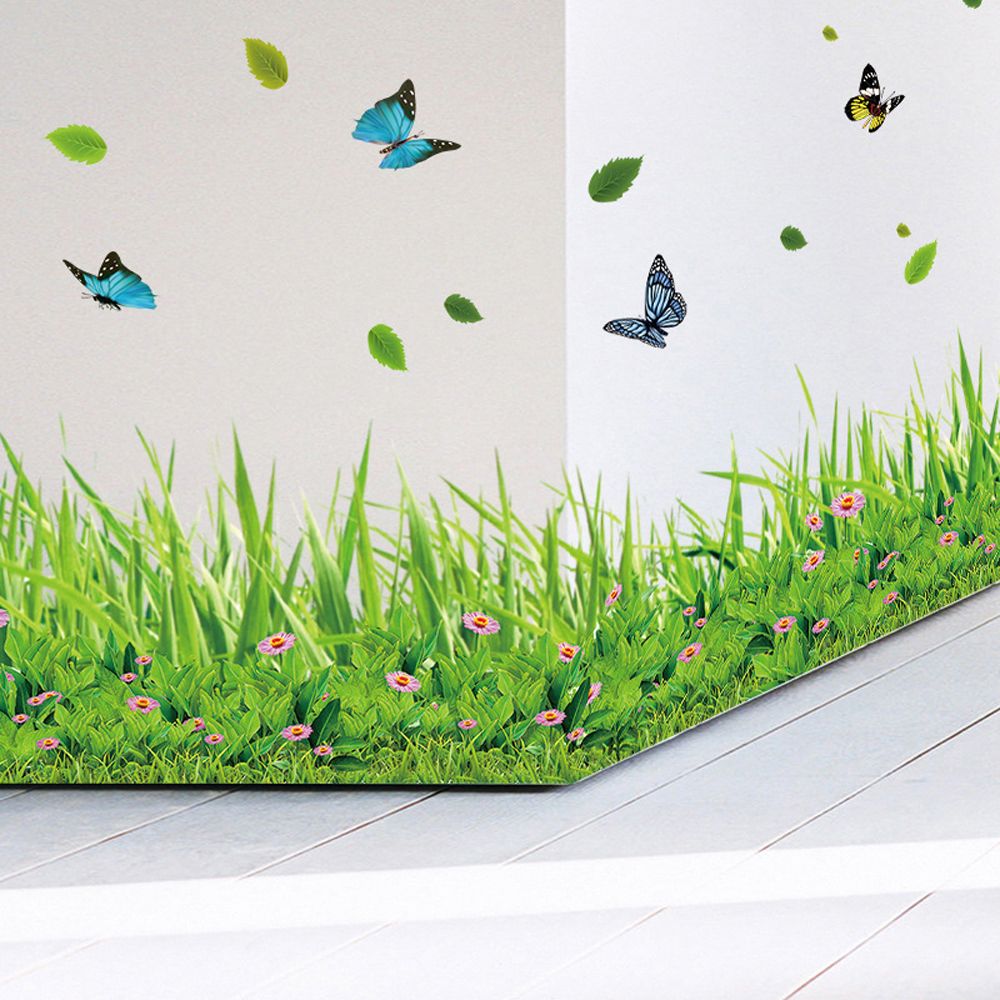Green Grass Baseboard Spring Butterfly Flower Skirting Wall Stickers Waterproof Mural Decal DIY Kids Room Kitchen Home Decor
