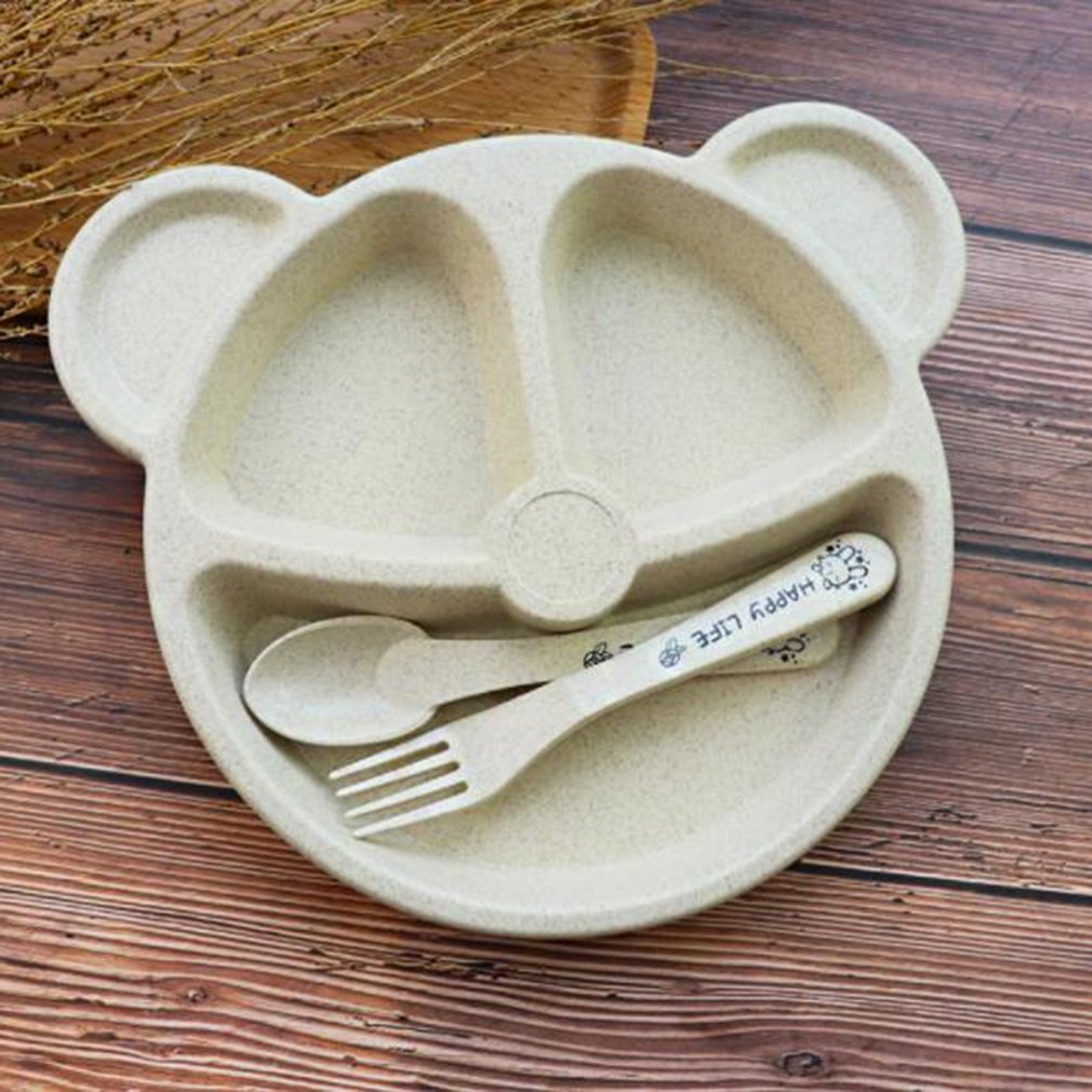 Baby Dinnerware Anti-hot Wheat Straw Training Plate Cartoon Bear Kids Dishes Baby Bowl+Spoon+Fork Feeding Food Tableware Set