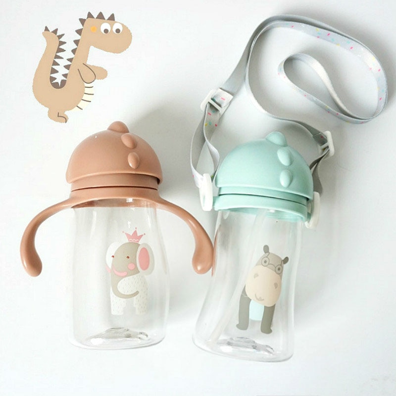 Kids Children Cartoon Animal School Drinking Water Straw Bottle Gravity Ball Straw Baby Cup with Shoulder Strap Water Bottle